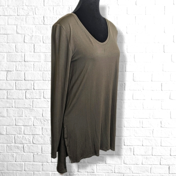 Pretty Olive Green Solid Long Sleeve High Low Tunic Top Stretchy Flowy T8 - Picture 2 of 7